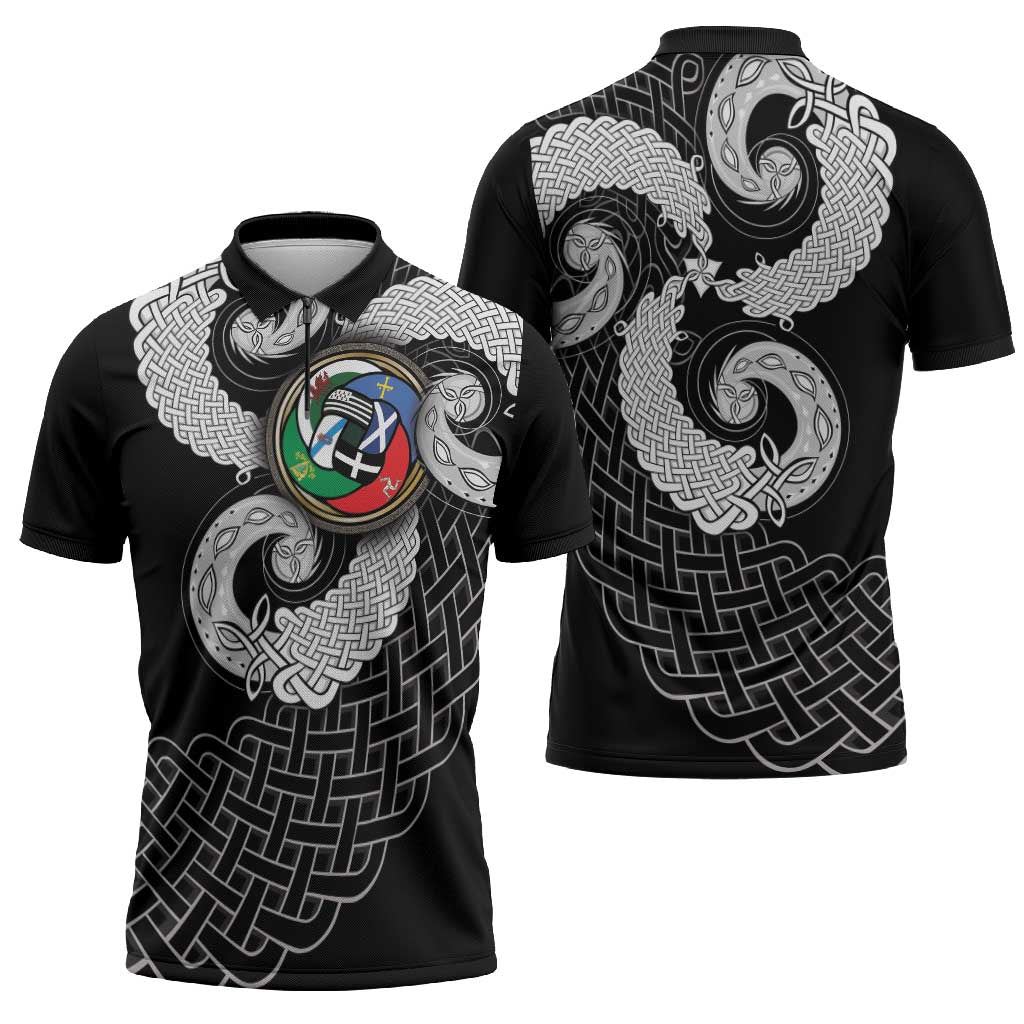 Six Celtic Countries Heritage Zipper Polo Shirt Black Celtic Knot Triskelion - Wonder Print Shop