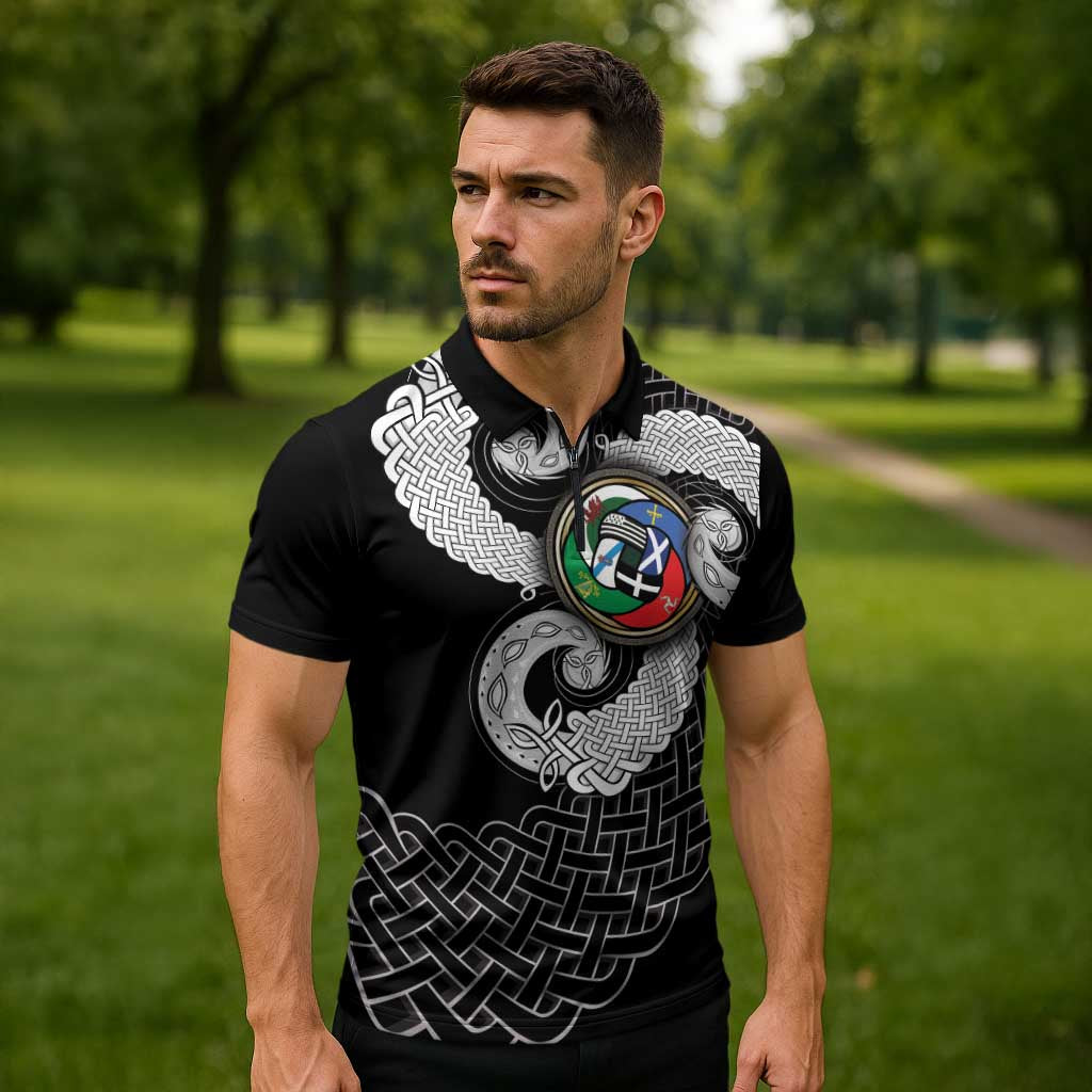 Six Celtic Countries Heritage Zipper Polo Shirt Black Celtic Knot Triskelion - Wonder Print Shop