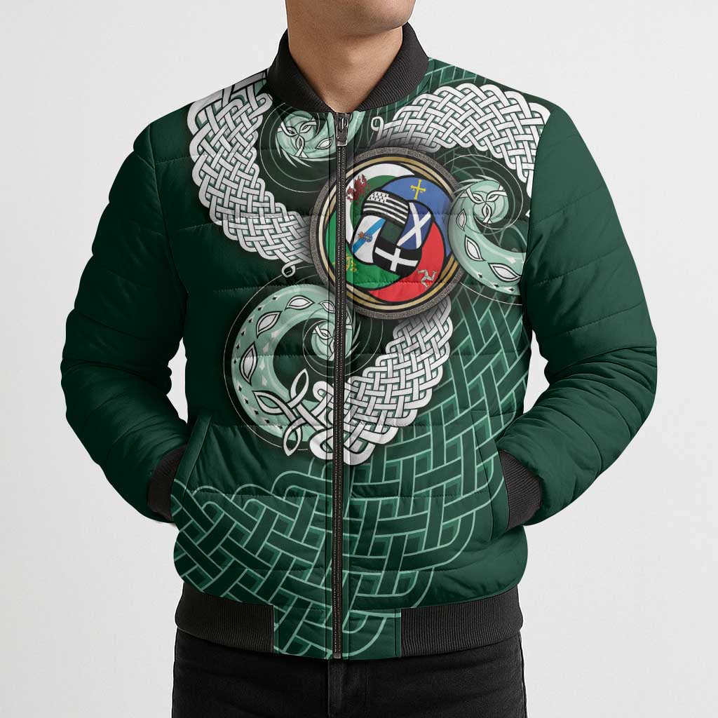 Six Celtic Countries Heritage Bomber Puffer Jacket Green Celtic Knot Triskelion - Wonder Print Shop