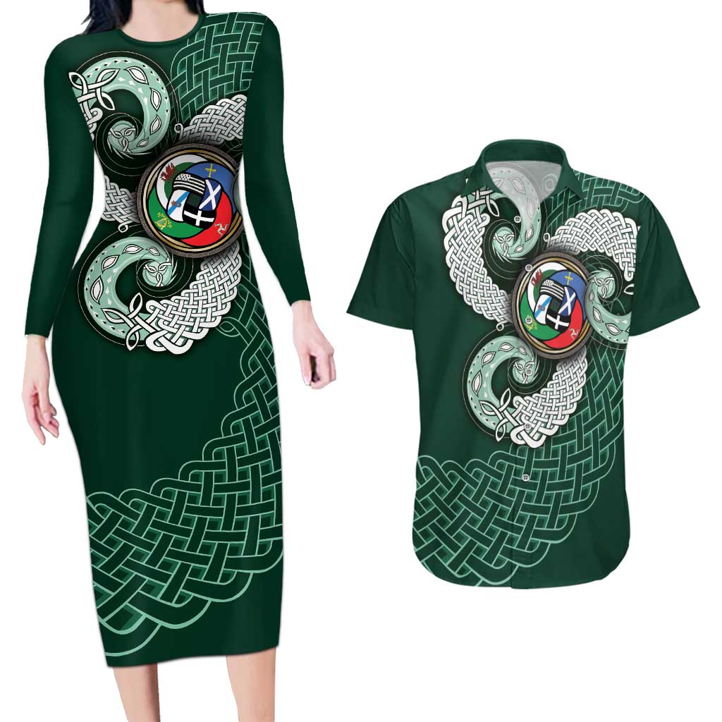 Six Celtic Countries Heritage Couples Matching Long Sleeve Bodycon Dress and Hawaiian Shirt Green Celtic Knot Triskelion - Wonder Print Shop
