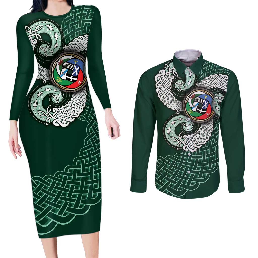 Six Celtic Countries Heritage Couples Matching Long Sleeve Bodycon Dress and Long Sleeve Button Shirt Green Celtic Knot Triskelion - Wonder Print Shop