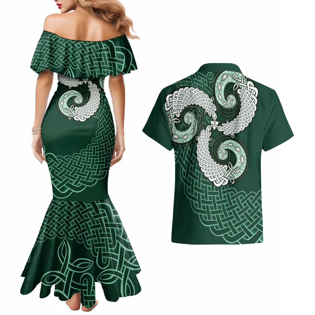 Six Celtic Countries Heritage Couples Matching Mermaid Dress and Hawaiian Shirt Green Celtic Knot Triskelion - Wonder Print Shop