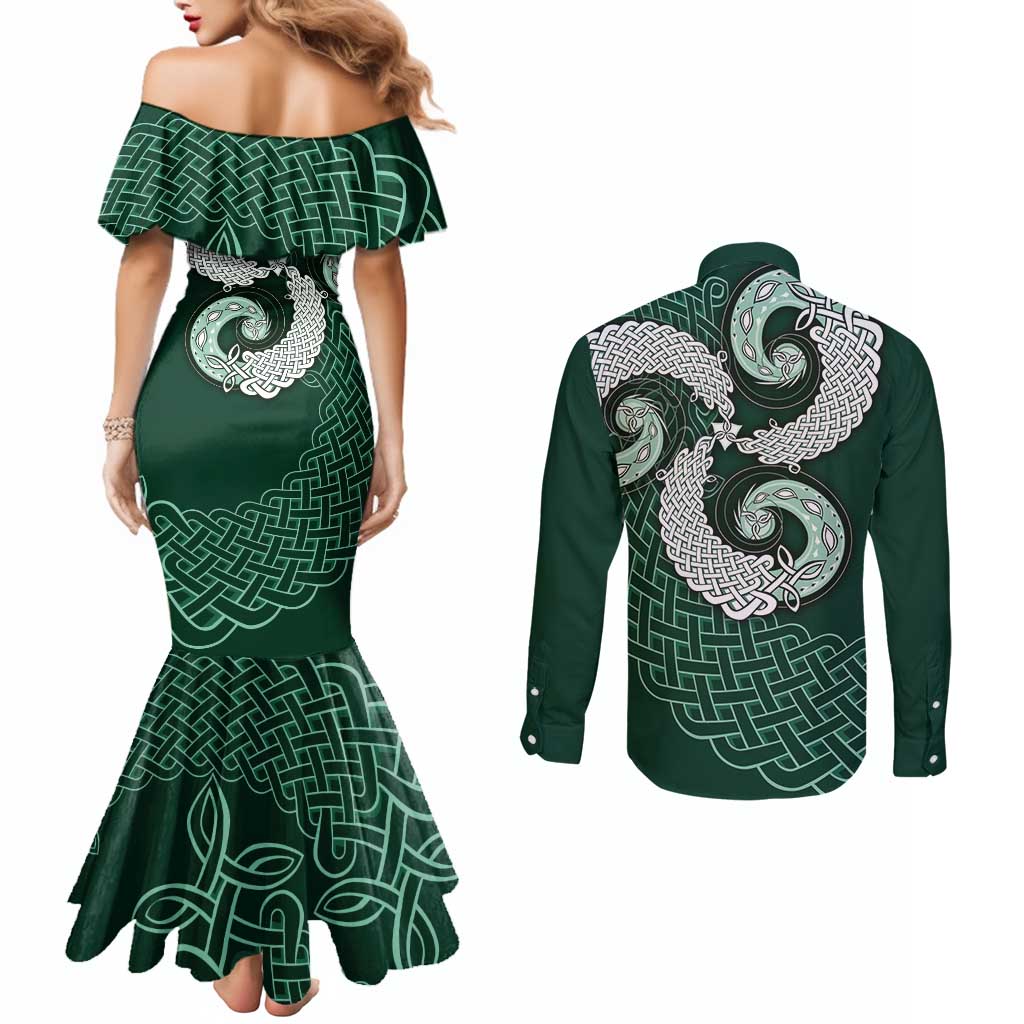 Six Celtic Countries Heritage Couples Matching Mermaid Dress and Long Sleeve Button Shirt Green Celtic Knot Triskelion - Wonder Print Shop