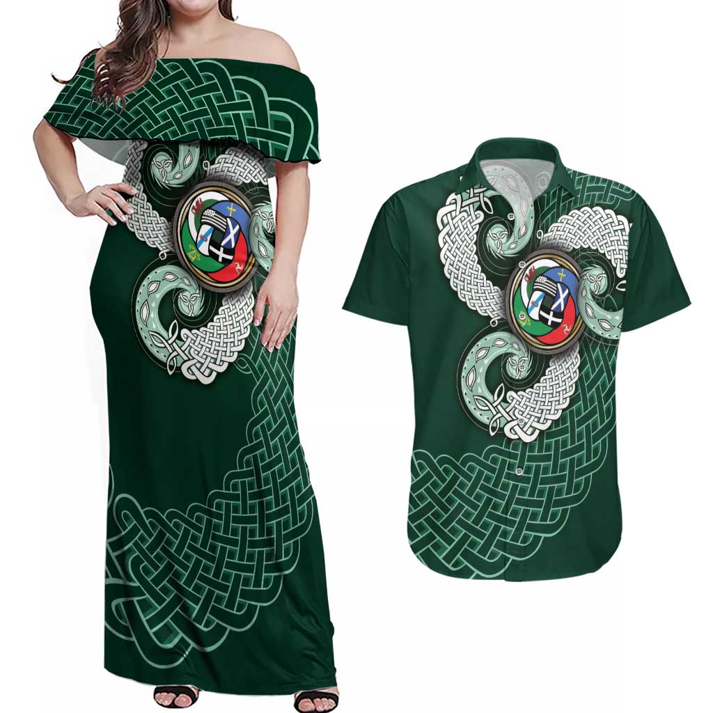 Six Celtic Countries Heritage Couples Matching Off Shoulder Maxi Dress and Hawaiian Shirt Green Celtic Knot Triskelion - Wonder Print Shop