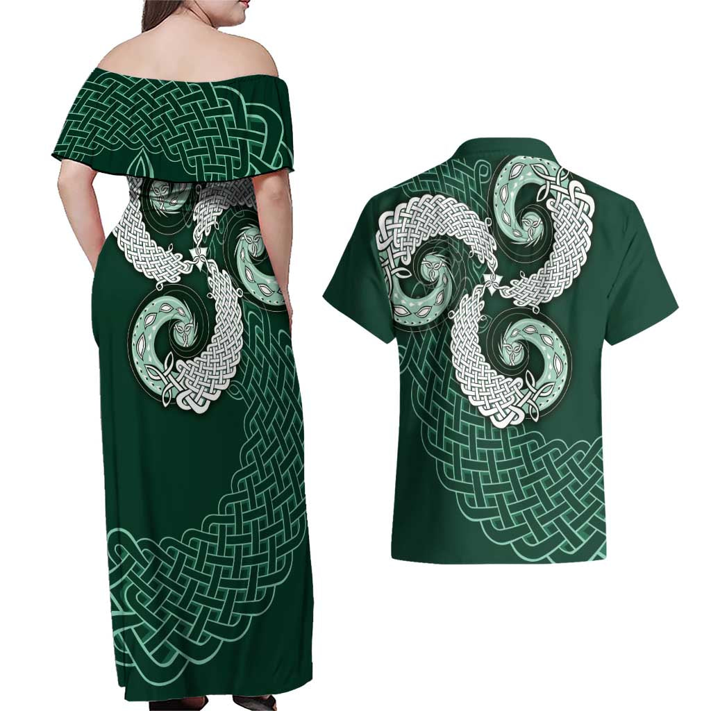 Six Celtic Countries Heritage Couples Matching Off Shoulder Maxi Dress and Hawaiian Shirt Green Celtic Knot Triskelion - Wonder Print Shop