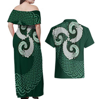Six Celtic Countries Heritage Couples Matching Off Shoulder Maxi Dress and Hawaiian Shirt Green Celtic Knot Triskelion - Wonder Print Shop