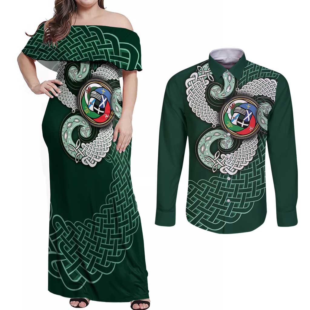 Six Celtic Countries Heritage Couples Matching Off Shoulder Maxi Dress and Long Sleeve Button Shirt Green Celtic Knot Triskelion - Wonder Print Shop