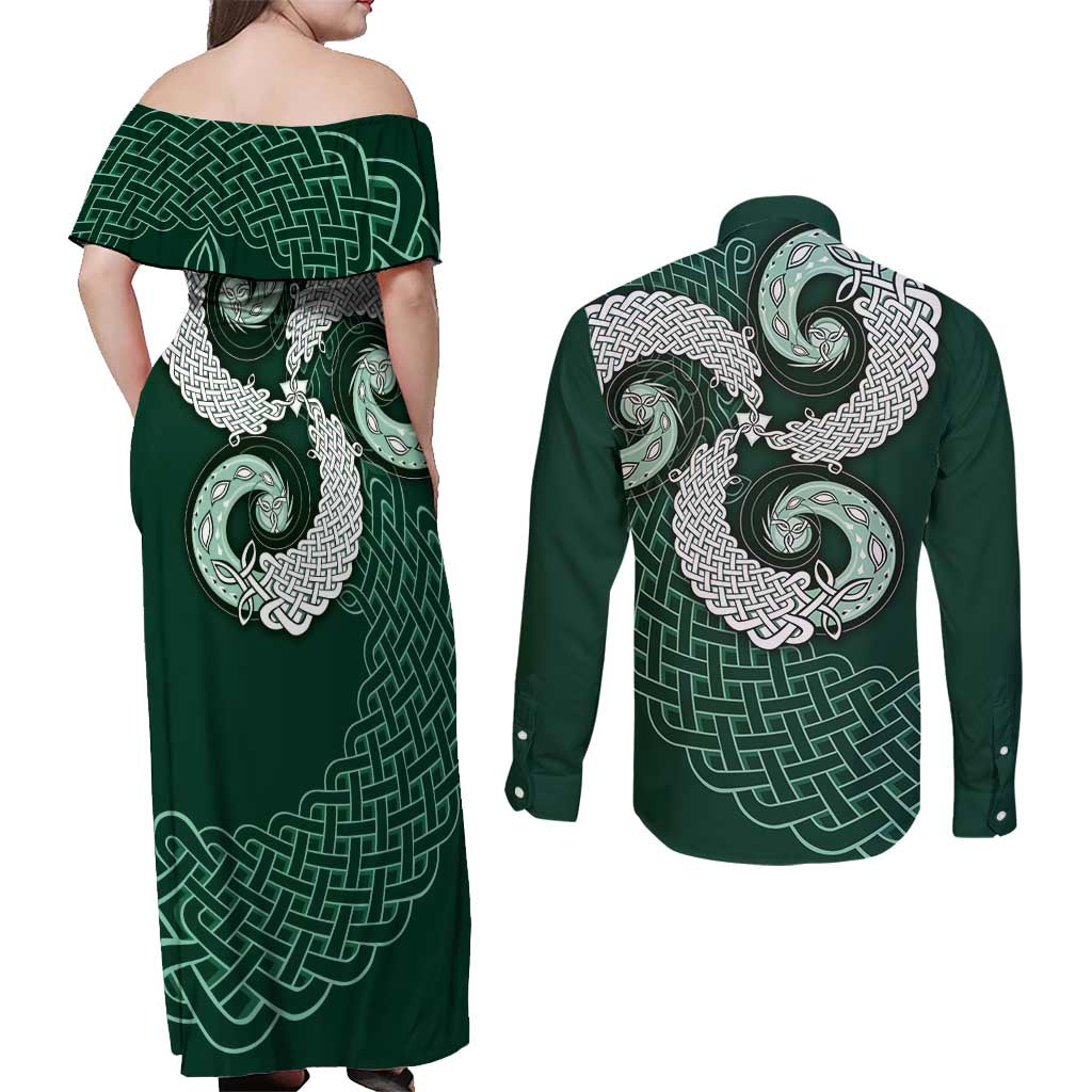 Six Celtic Countries Heritage Couples Matching Off Shoulder Maxi Dress and Long Sleeve Button Shirt Green Celtic Knot Triskelion - Wonder Print Shop