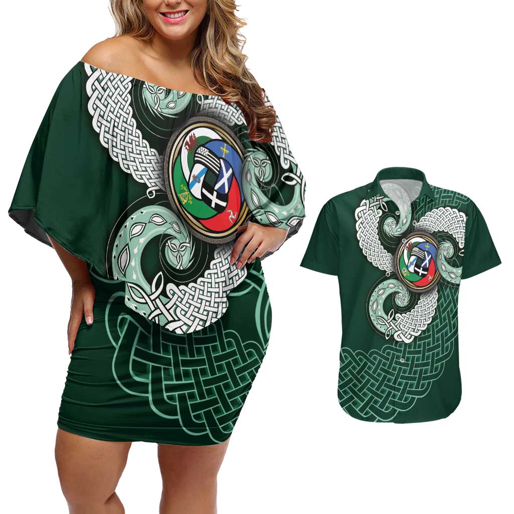 Six Celtic Countries Heritage Couples Matching Off Shoulder Short Dress and Hawaiian Shirt Green Celtic Knot Triskelion - Wonder Print Shop
