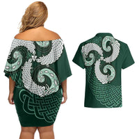 Six Celtic Countries Heritage Couples Matching Off Shoulder Short Dress and Hawaiian Shirt Green Celtic Knot Triskelion - Wonder Print Shop
