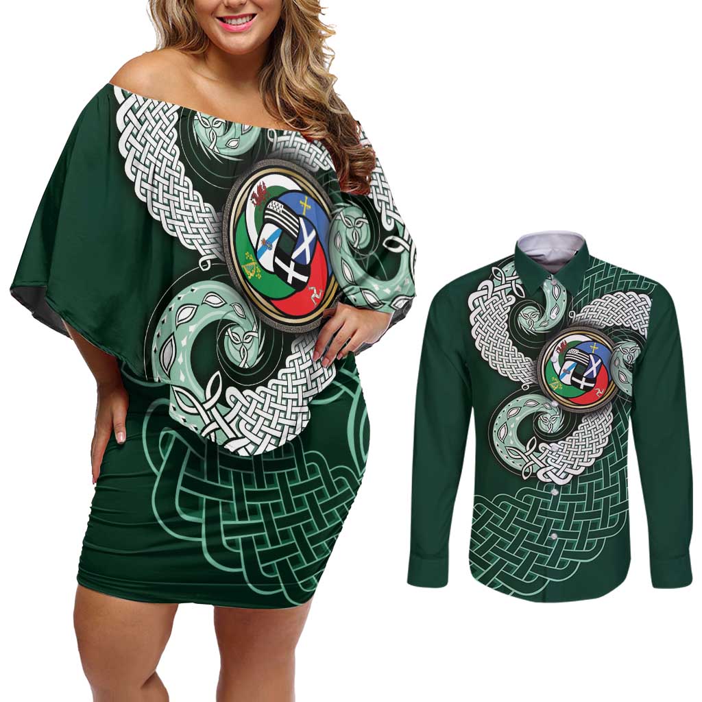 Six Celtic Countries Heritage Couples Matching Off Shoulder Short Dress and Long Sleeve Button Shirt Green Celtic Knot Triskelion - Wonder Print Shop