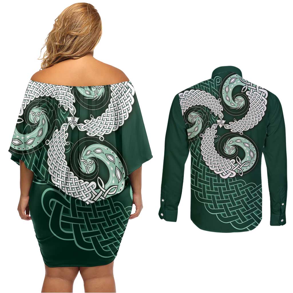 Six Celtic Countries Heritage Couples Matching Off Shoulder Short Dress and Long Sleeve Button Shirt Green Celtic Knot Triskelion - Wonder Print Shop