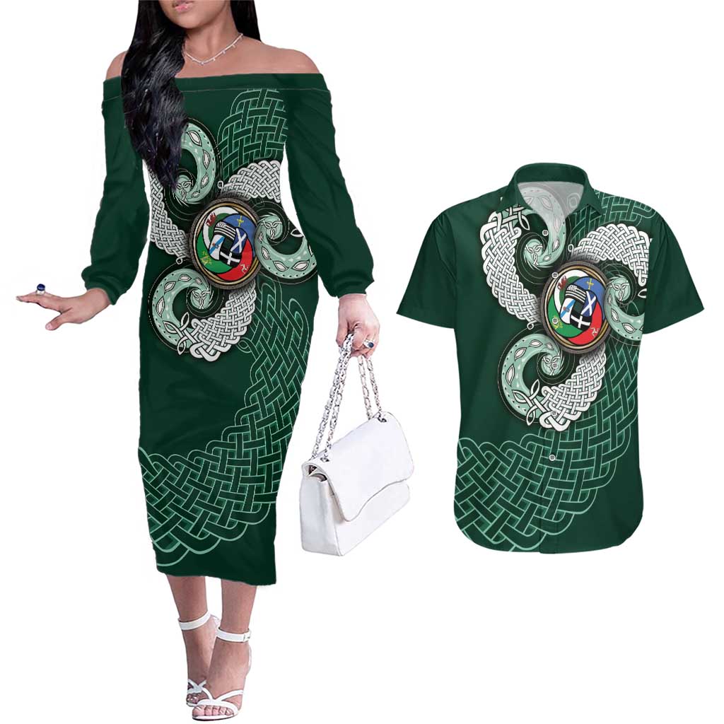 Six Celtic Countries Heritage Couples Matching Off The Shoulder Long Sleeve Dress and Hawaiian Shirt Green Celtic Knot Triskelion - Wonder Print Shop