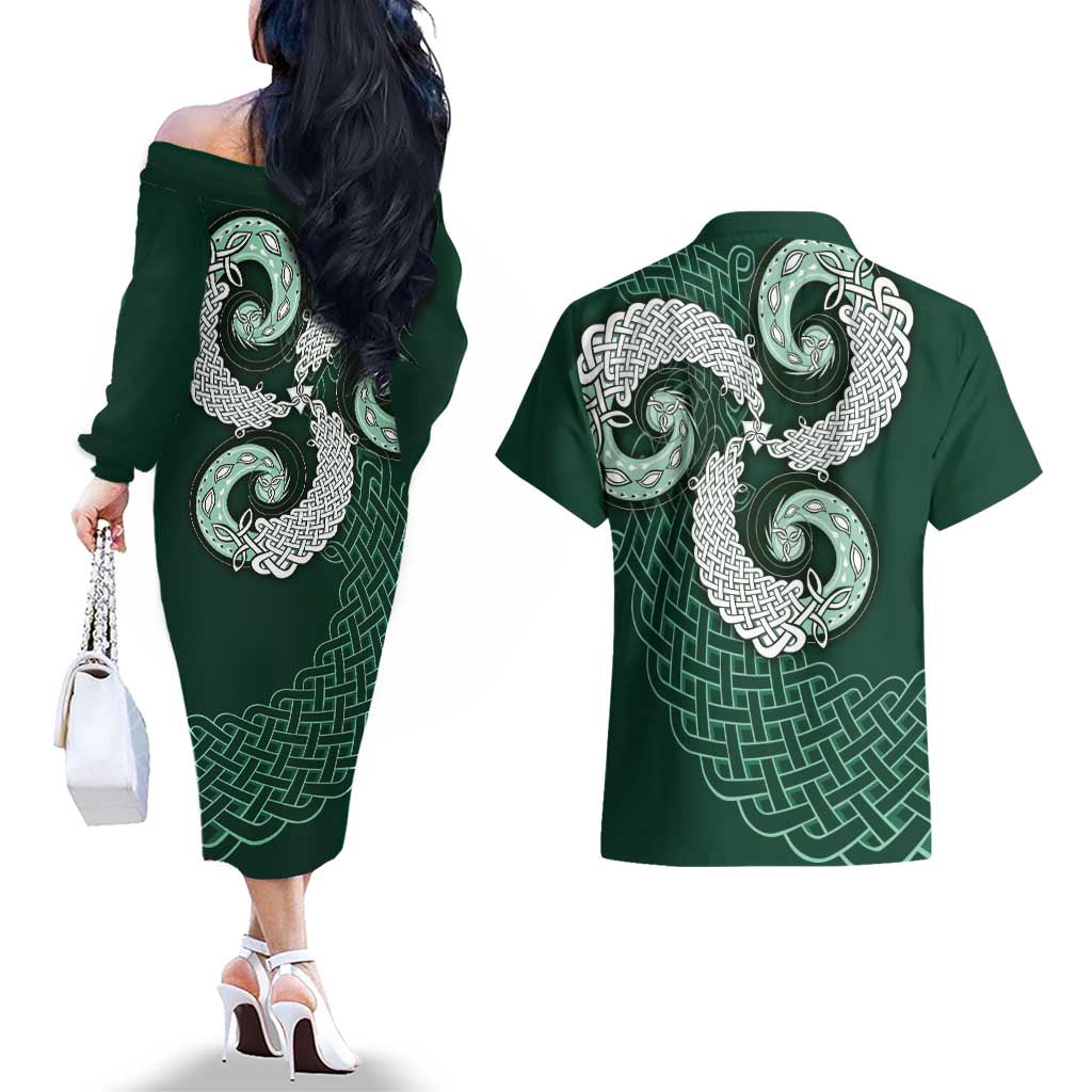 Six Celtic Countries Heritage Couples Matching Off The Shoulder Long Sleeve Dress and Hawaiian Shirt Green Celtic Knot Triskelion - Wonder Print Shop