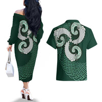 Six Celtic Countries Heritage Couples Matching Off The Shoulder Long Sleeve Dress and Hawaiian Shirt Green Celtic Knot Triskelion - Wonder Print Shop