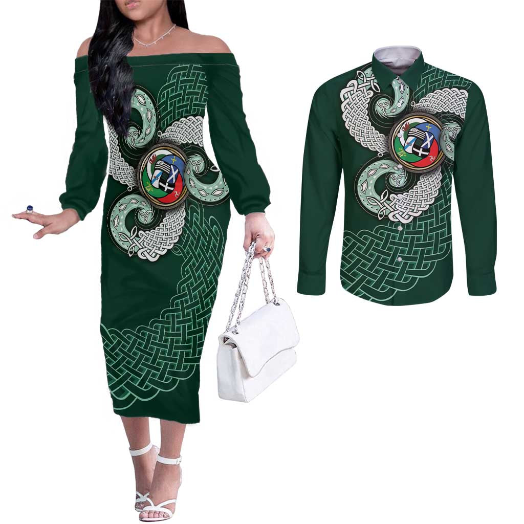 Six Celtic Countries Heritage Couples Matching Off The Shoulder Long Sleeve Dress and Long Sleeve Button Shirt Green Celtic Knot Triskelion - Wonder Print Shop