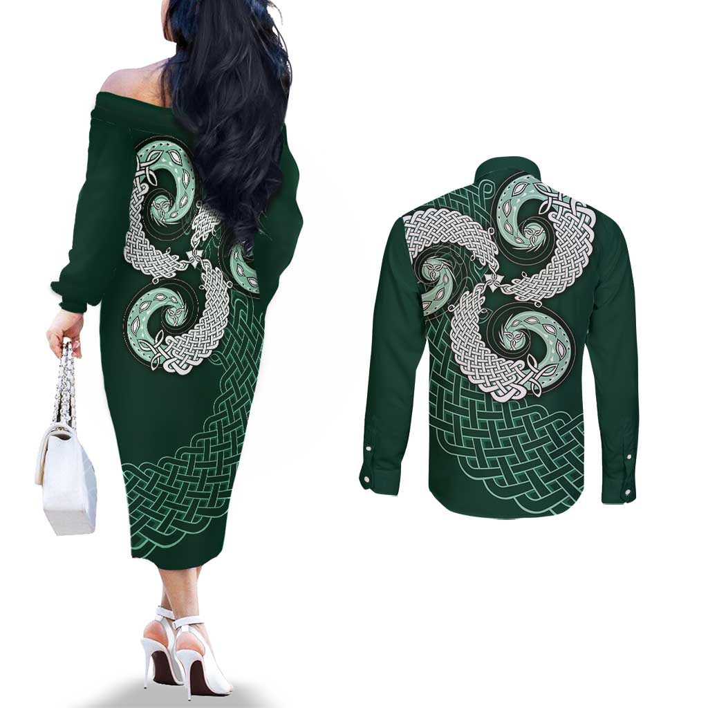 Six Celtic Countries Heritage Couples Matching Off The Shoulder Long Sleeve Dress and Long Sleeve Button Shirt Green Celtic Knot Triskelion - Wonder Print Shop