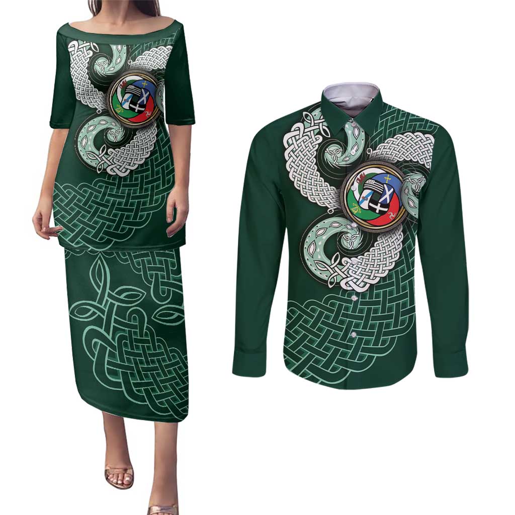 Six Celtic Countries Heritage Couples Matching Puletasi and Long Sleeve Button Shirt Green Celtic Knot Triskelion - Wonder Print Shop