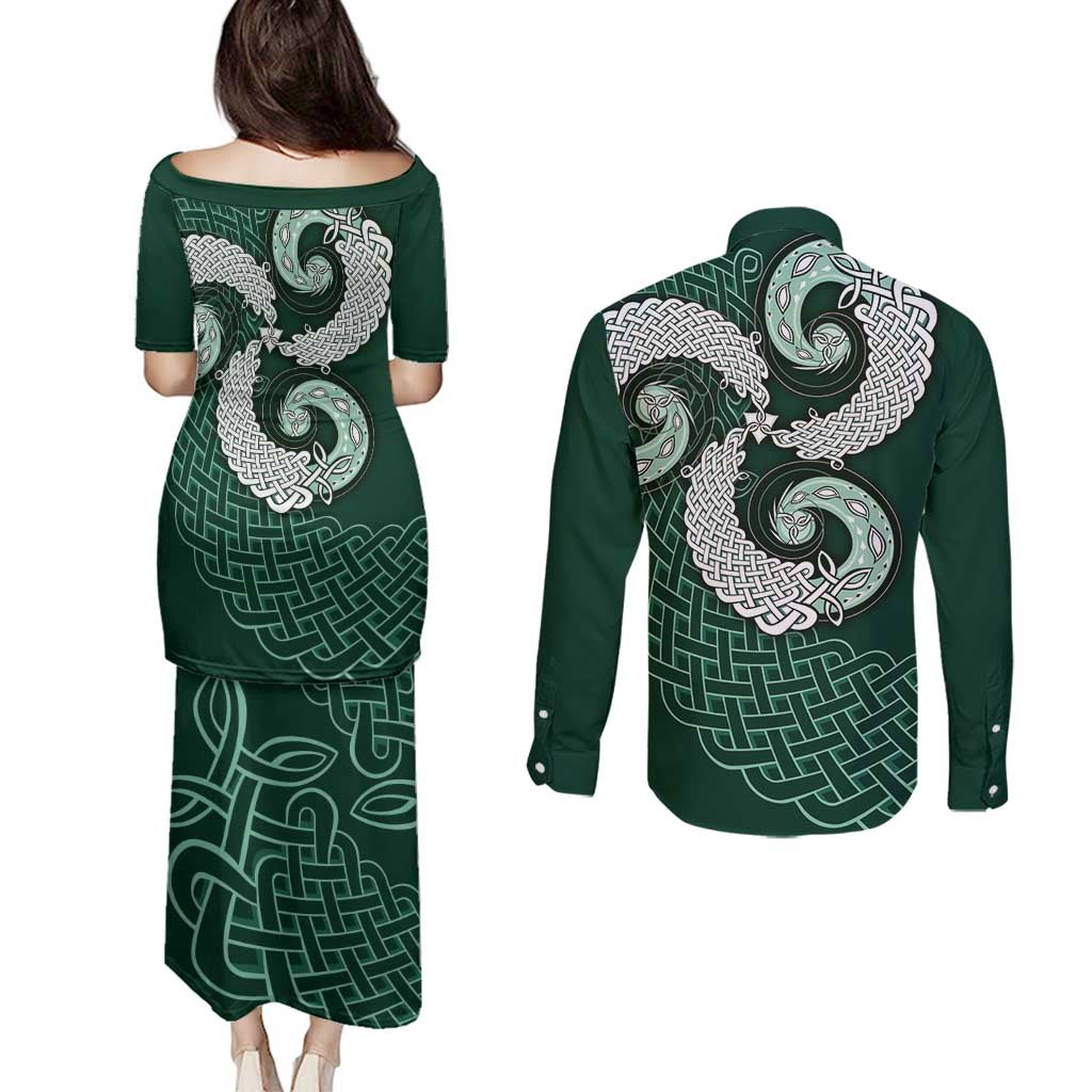 Six Celtic Countries Heritage Couples Matching Puletasi and Long Sleeve Button Shirt Green Celtic Knot Triskelion - Wonder Print Shop