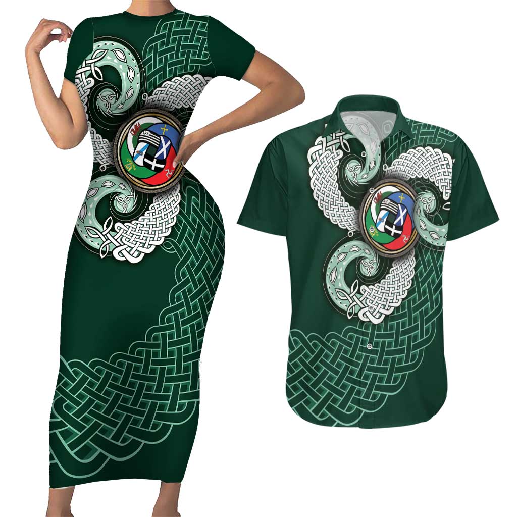 Six Celtic Countries Heritage Couples Matching Short Sleeve Bodycon Dress and Hawaiian Shirt Green Celtic Knot Triskelion - Wonder Print Shop
