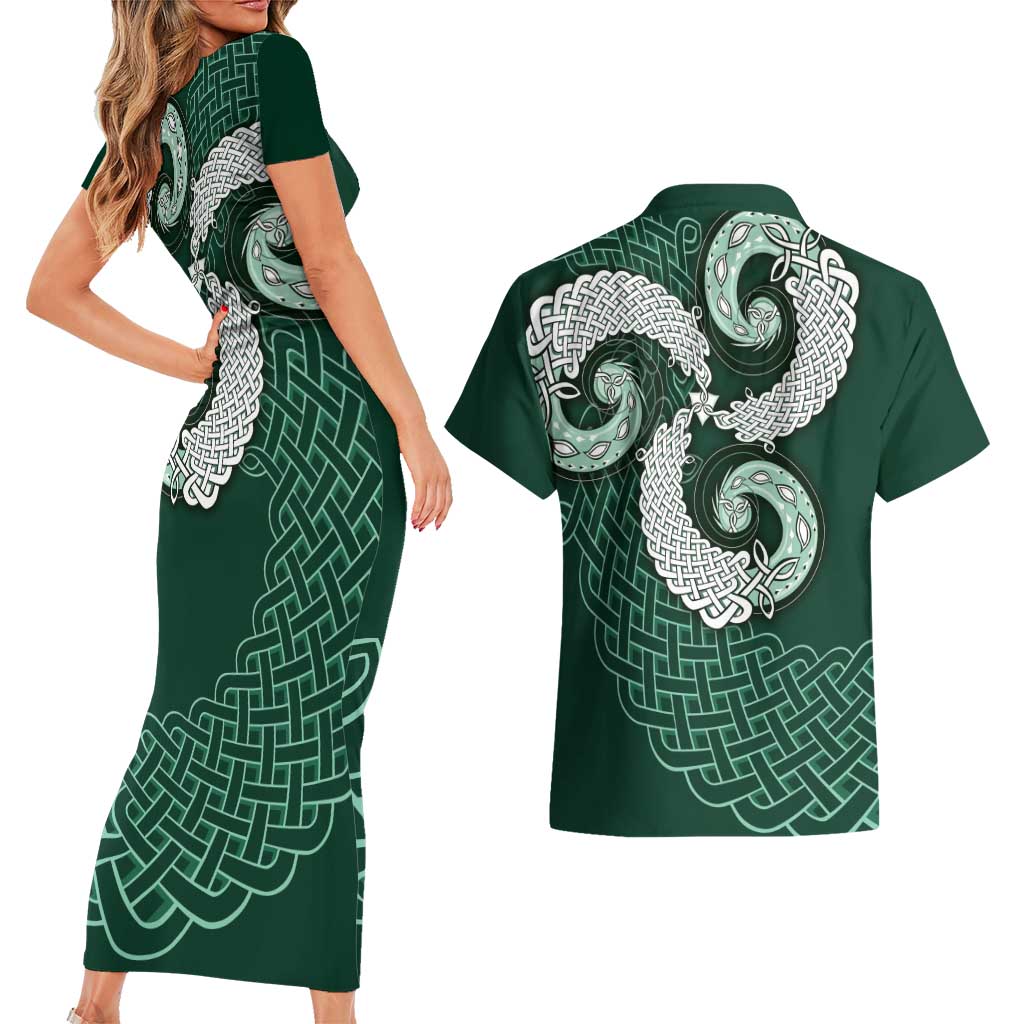 Six Celtic Countries Heritage Couples Matching Short Sleeve Bodycon Dress and Hawaiian Shirt Green Celtic Knot Triskelion - Wonder Print Shop
