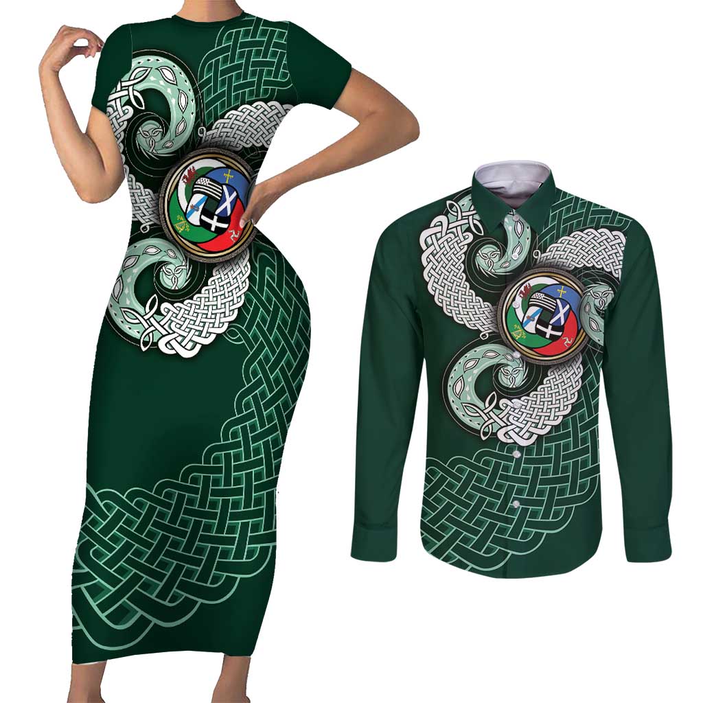Six Celtic Countries Heritage Couples Matching Short Sleeve Bodycon Dress and Long Sleeve Button Shirt Green Celtic Knot Triskelion - Wonder Print Shop
