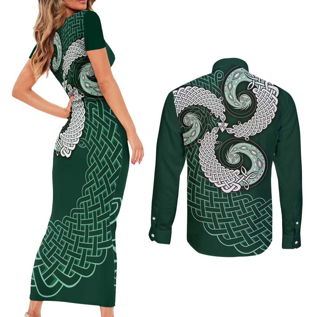 Six Celtic Countries Heritage Couples Matching Short Sleeve Bodycon Dress and Long Sleeve Button Shirt Green Celtic Knot Triskelion - Wonder Print Shop