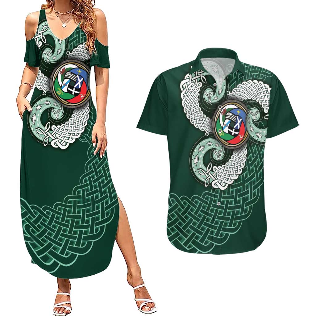 Six Celtic Countries Heritage Couples Matching Summer Maxi Dress and Hawaiian Shirt Green Celtic Knot Triskelion - Wonder Print Shop