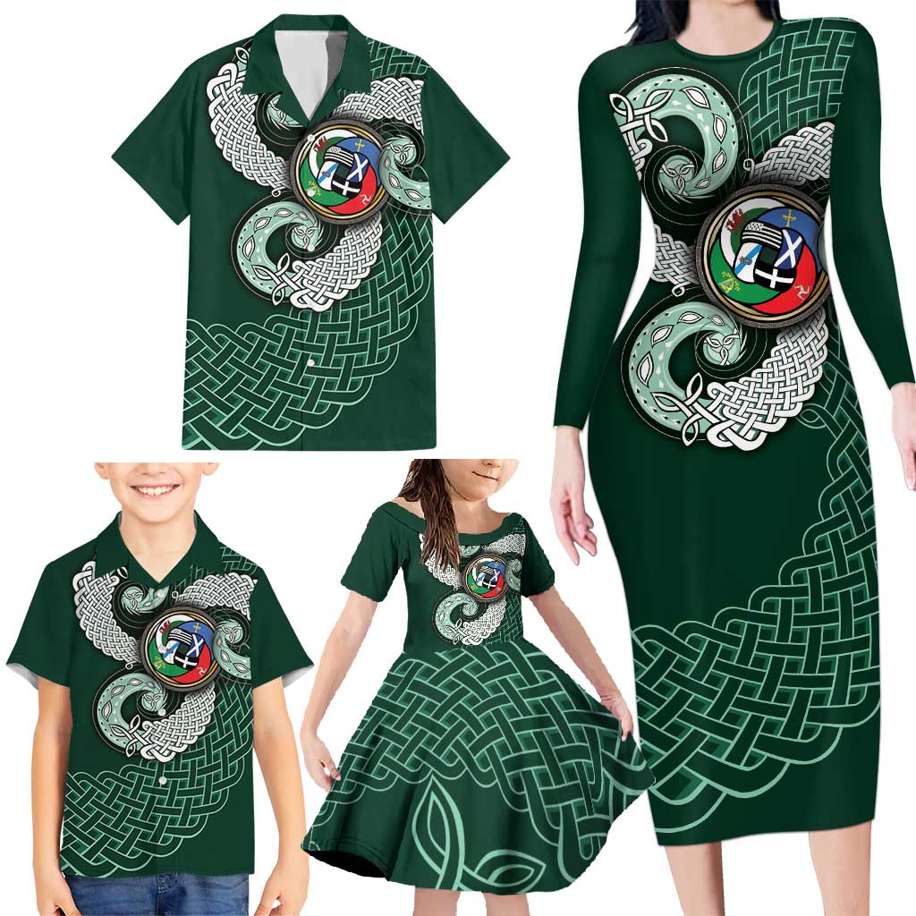 Six Celtic Countries Heritage Family Matching Long Sleeve Bodycon Dress and Hawaiian Shirt Green Celtic Knot Triskelion - Wonder Print Shop