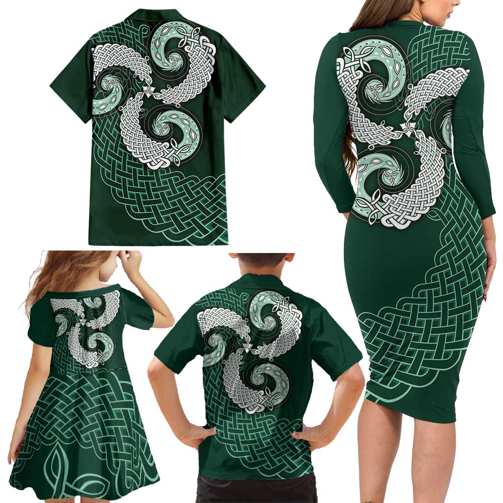 Six Celtic Countries Heritage Family Matching Long Sleeve Bodycon Dress and Hawaiian Shirt Green Celtic Knot Triskelion - Wonder Print Shop