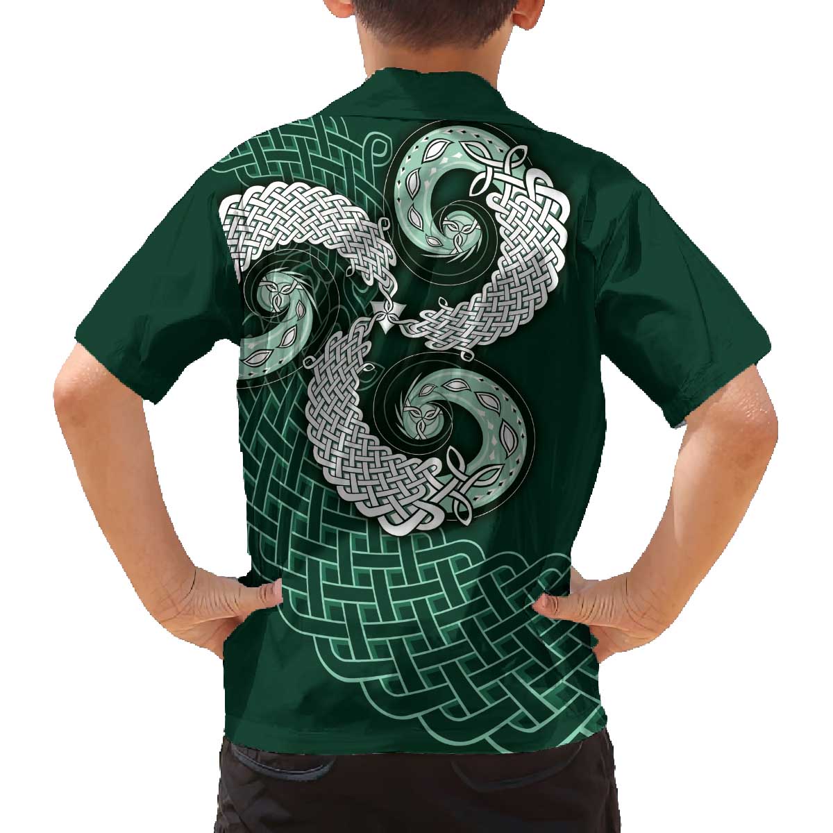 Six Celtic Countries Heritage Family Matching Off The Shoulder Long Sleeve Dress and Hawaiian Shirt Green Celtic Knot Triskelion - Wonder Print Shop