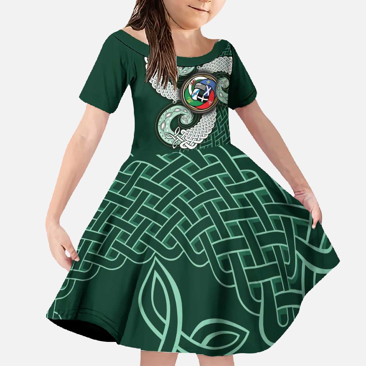 Six Celtic Countries Heritage Family Matching Off The Shoulder Long Sleeve Dress and Hawaiian Shirt Green Celtic Knot Triskelion - Wonder Print Shop