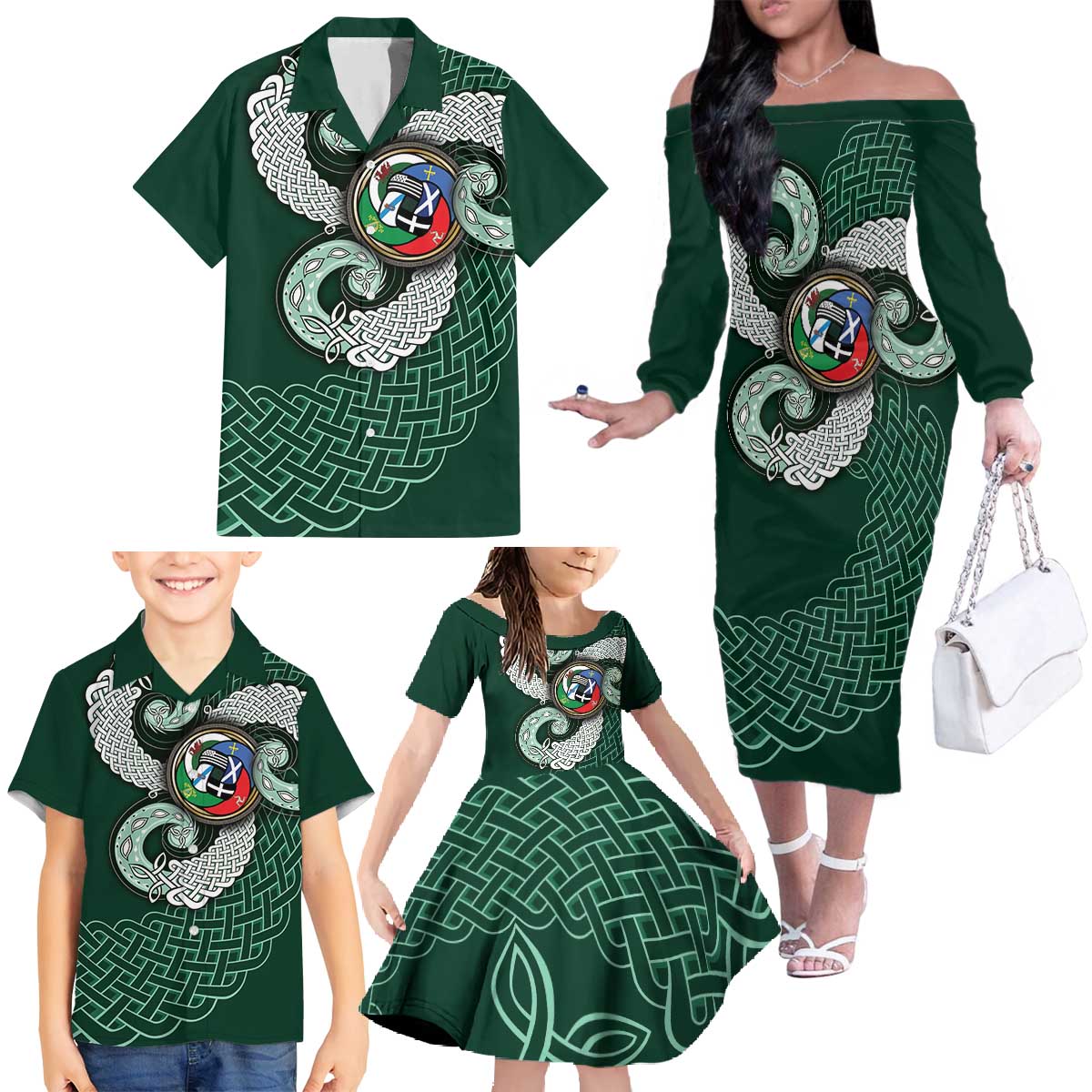 Six Celtic Countries Heritage Family Matching Off The Shoulder Long Sleeve Dress and Hawaiian Shirt Green Celtic Knot Triskelion - Wonder Print Shop