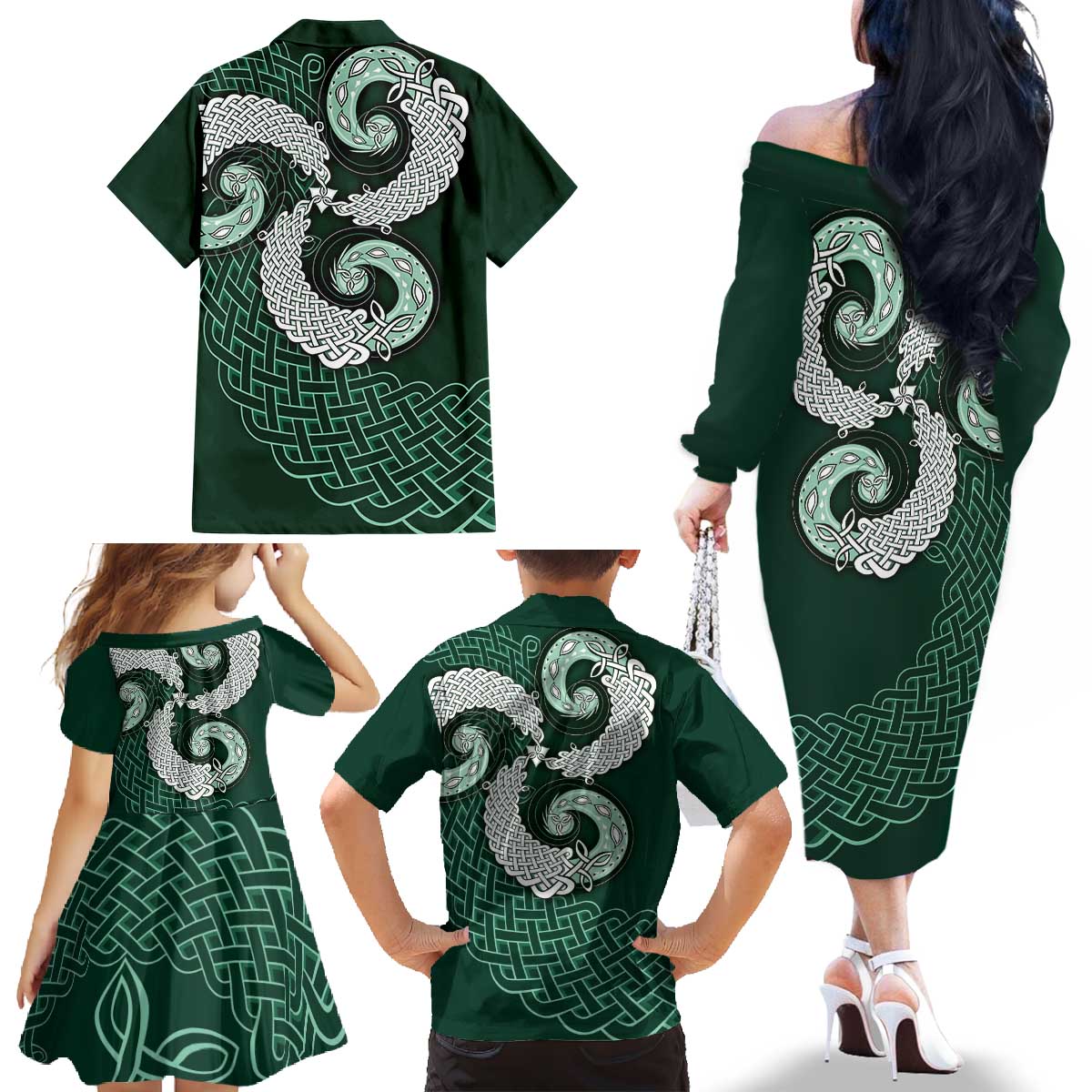 Six Celtic Countries Heritage Family Matching Off The Shoulder Long Sleeve Dress and Hawaiian Shirt Green Celtic Knot Triskelion - Wonder Print Shop