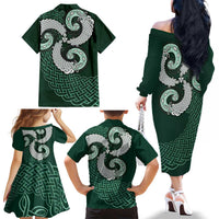 Six Celtic Countries Heritage Family Matching Off The Shoulder Long Sleeve Dress and Hawaiian Shirt Green Celtic Knot Triskelion - Wonder Print Shop