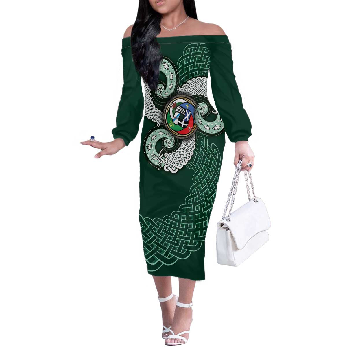 Six Celtic Countries Heritage Family Matching Off The Shoulder Long Sleeve Dress and Hawaiian Shirt Green Celtic Knot Triskelion - Wonder Print Shop