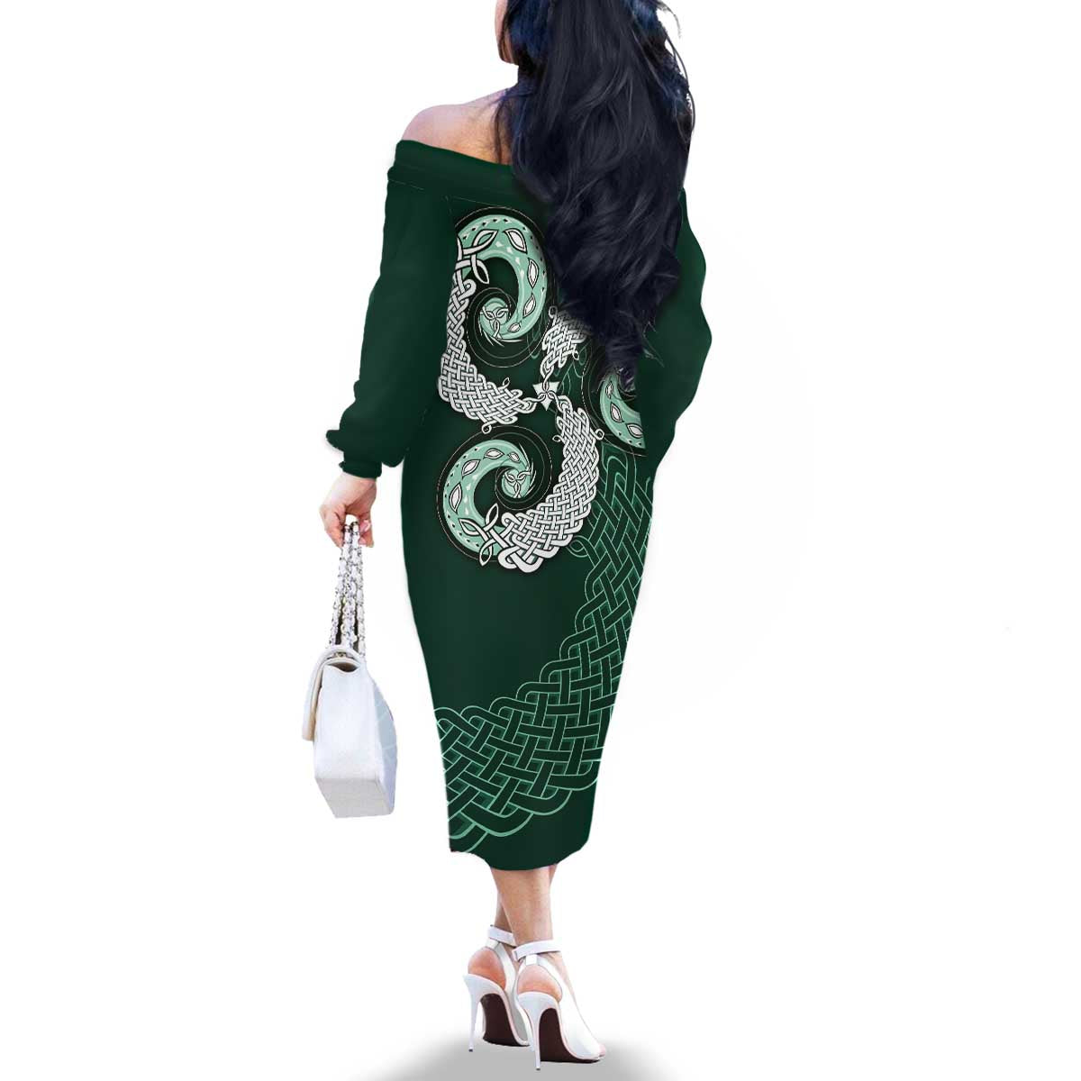 Six Celtic Countries Heritage Family Matching Off The Shoulder Long Sleeve Dress and Hawaiian Shirt Green Celtic Knot Triskelion - Wonder Print Shop