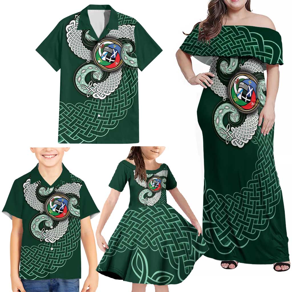 Six Celtic Countries Heritage Family Matching Off Shoulder Maxi Dress and Hawaiian Shirt Green Celtic Knot Triskelion - Wonder Print Shop