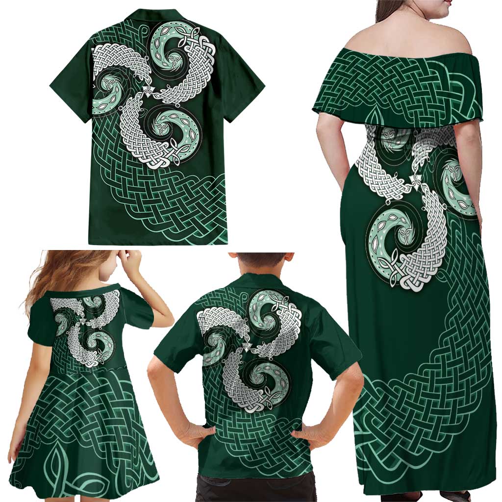 Six Celtic Countries Heritage Family Matching Off Shoulder Maxi Dress and Hawaiian Shirt Green Celtic Knot Triskelion - Wonder Print Shop