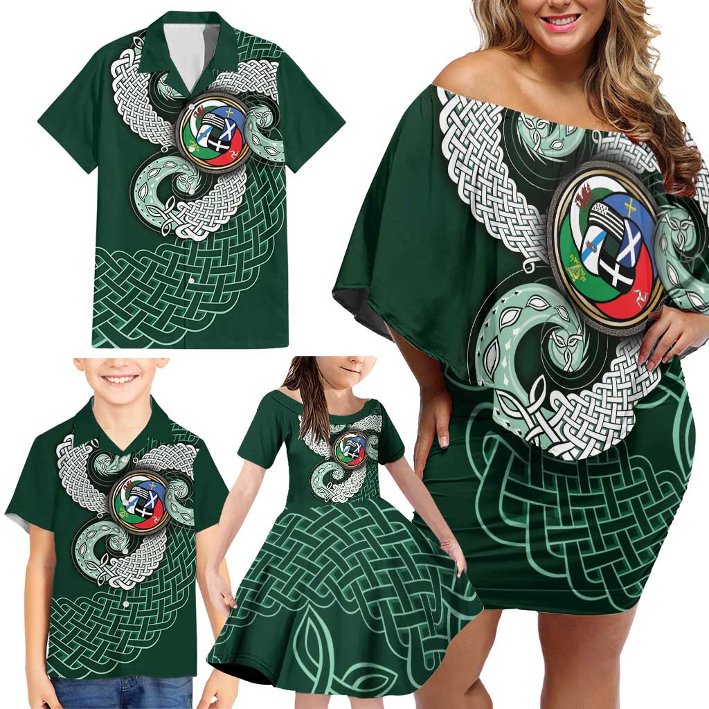 Six Celtic Countries Heritage Family Matching Off Shoulder Short Dress and Hawaiian Shirt Green Celtic Knot Triskelion - Wonder Print Shop