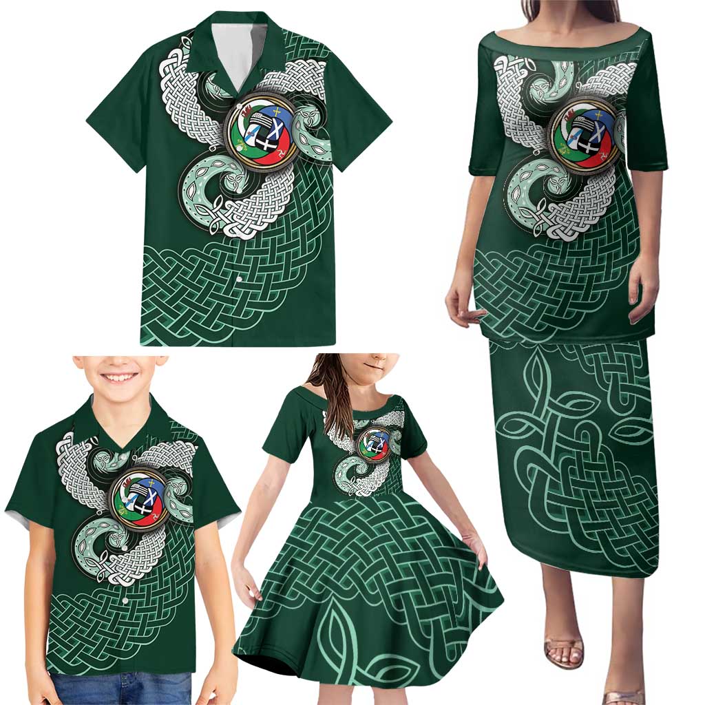 Six Celtic Countries Heritage Family Matching Puletasi and Hawaiian Shirt Green Celtic Knot Triskelion - Wonder Print Shop