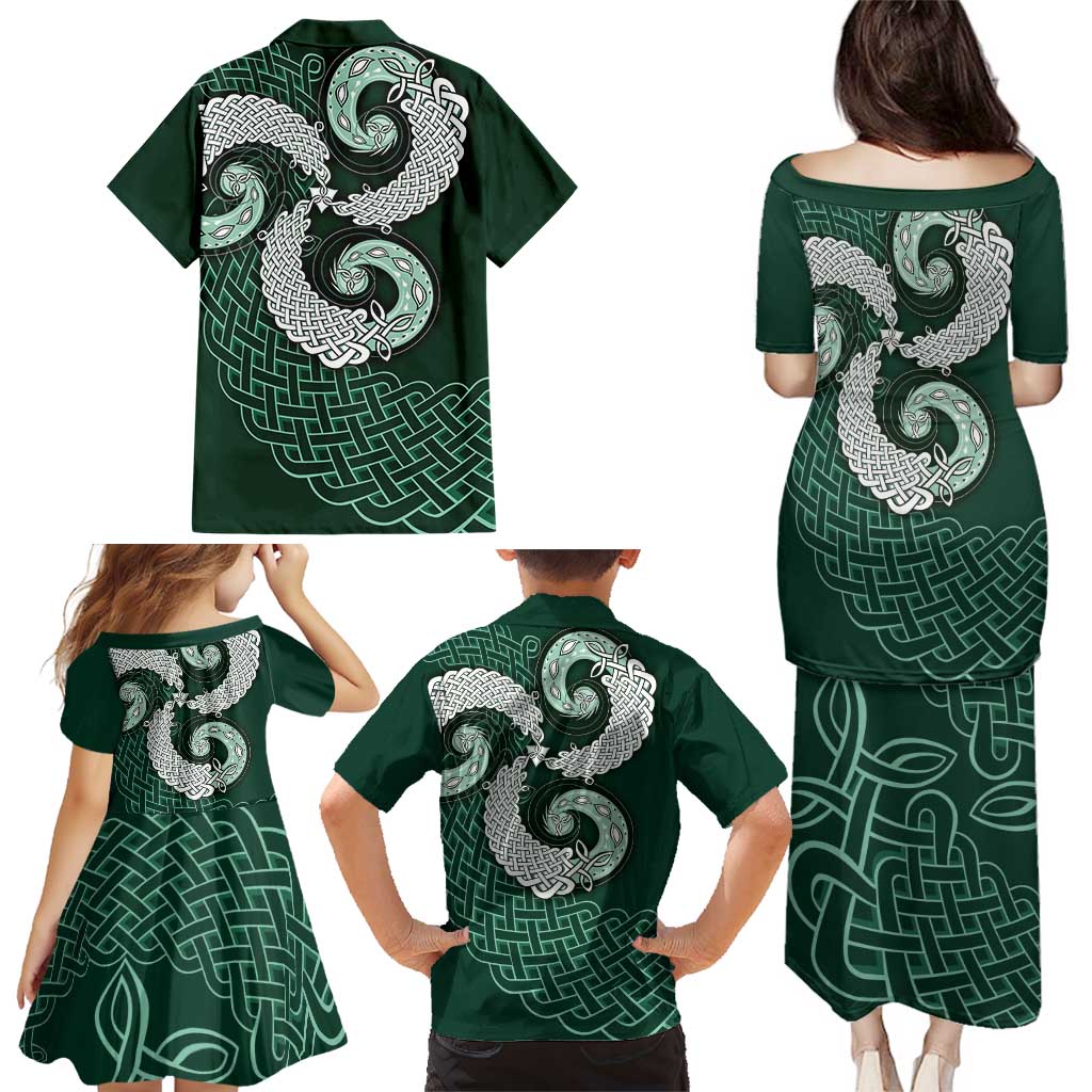 Six Celtic Countries Heritage Family Matching Puletasi and Hawaiian Shirt Green Celtic Knot Triskelion - Wonder Print Shop