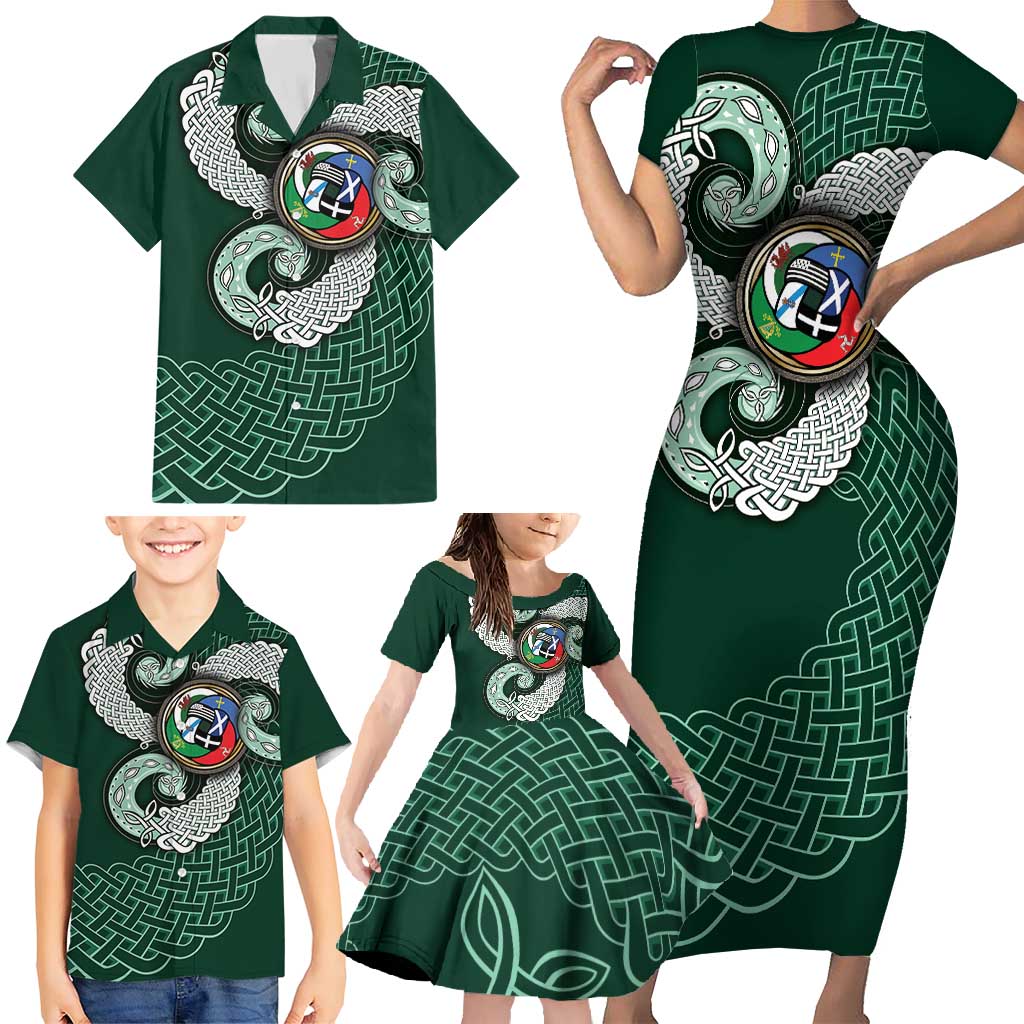 Six Celtic Countries Heritage Family Matching Short Sleeve Bodycon Dress and Hawaiian Shirt Green Celtic Knot Triskelion - Wonder Print Shop