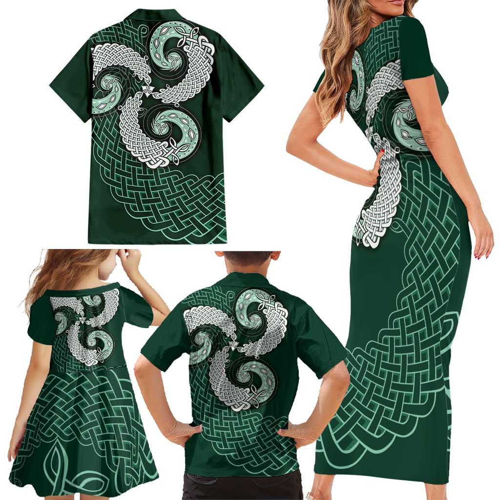 Six Celtic Countries Heritage Family Matching Short Sleeve Bodycon Dress and Hawaiian Shirt Green Celtic Knot Triskelion - Wonder Print Shop