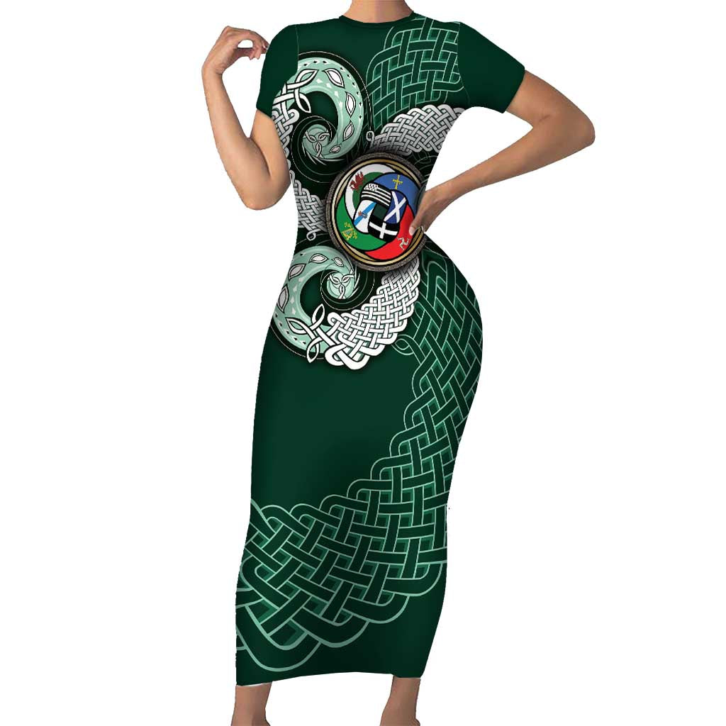 Six Celtic Countries Heritage Family Matching Short Sleeve Bodycon Dress and Hawaiian Shirt Green Celtic Knot Triskelion - Wonder Print Shop