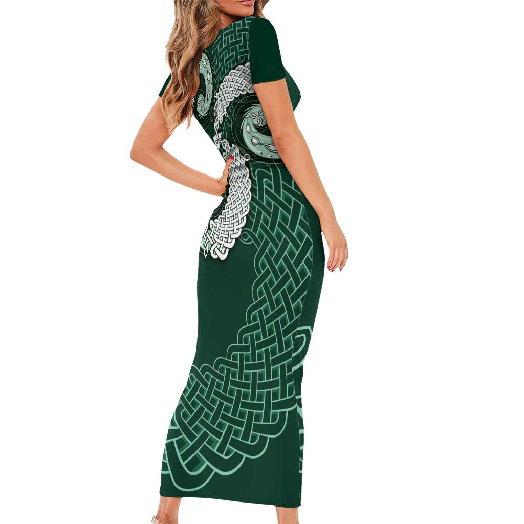 Six Celtic Countries Heritage Family Matching Short Sleeve Bodycon Dress and Hawaiian Shirt Green Celtic Knot Triskelion - Wonder Print Shop