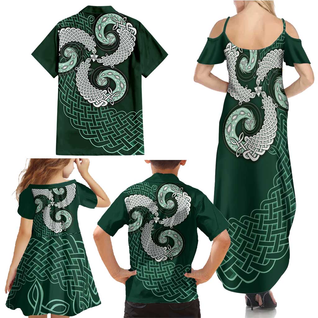 Six Celtic Countries Heritage Family Matching Summer Maxi Dress and Hawaiian Shirt Green Celtic Knot Triskelion - Wonder Print Shop