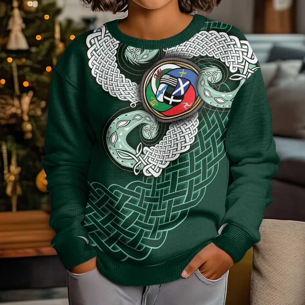 Six Celtic Countries Heritage Kid Ugly Christmas Sweater Green Celtic Knot Triskelion - Wonder Print Shop