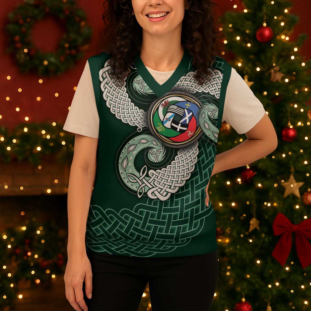 Six Celtic Countries Heritage Christmas Knitted V-Neck Vest Green Celtic Knot Triskelion - Wonder Print Shop