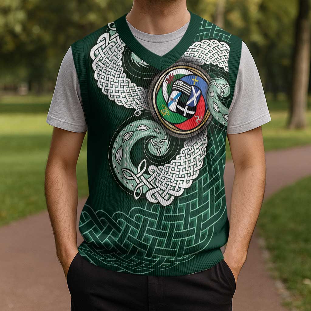 Six Celtic Countries Heritage Christmas Knitted V-Neck Vest Green Celtic Knot Triskelion - Wonder Print Shop
